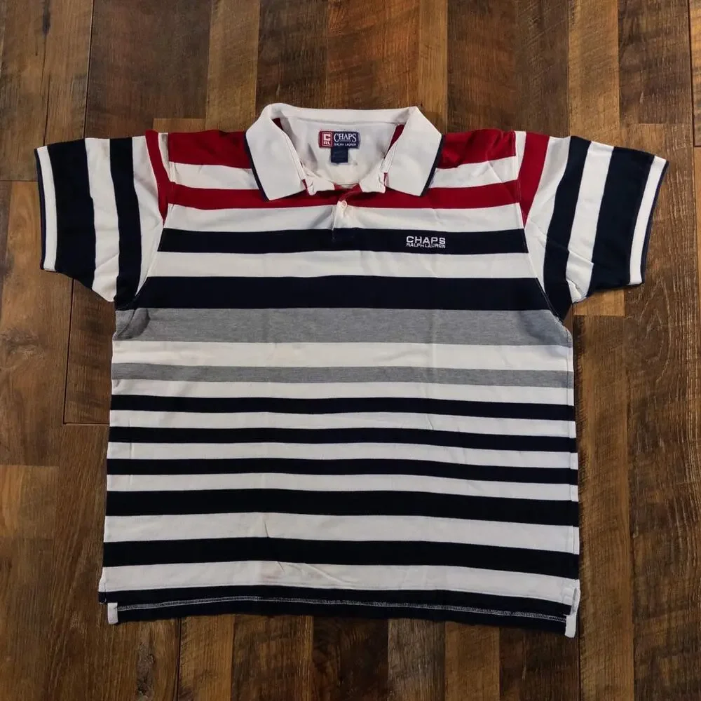 Chaps Ralph Lauren Men's 3XL Navy White Striped Rugby Polo Shirt Vintage 90s